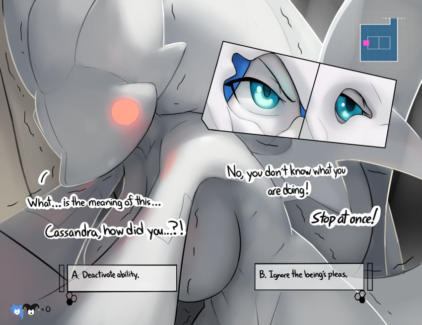 anthro aqua_eyes begging big_breasts breasts canid canine cassandra_(ozoneserpent) decision dialogue drone english_text female fight fox furry latex_creature life_(gaming) living_latex mammal map original original_character ozoneserpent text transformation