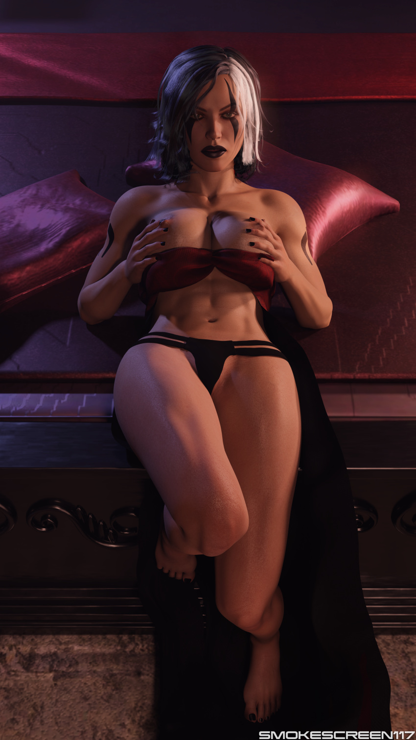 1girls 3d 3d_(artwork) abs athletic athletic_female barefoot big_breasts black_lipstick blender breasts dark_hair female female_only half_naked laying_down laying_on_bed looking_at_viewer mortal_kombat multicolored_hair muscular muscular_female pin-up sareena smokescreen117 solo tattoo