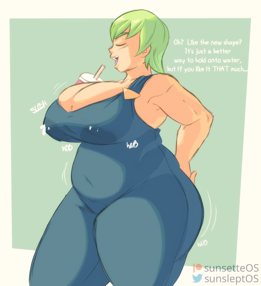 1girls alternate_breast_size bbw big_breasts breasts chubby cleavage dialogue female foo_fighters green_hair huge_breasts jojo's_bizarre_adventure lactation lactation_through_clothes large_breasts nipple_bulge plump solo stone_ocean sunsleptos text thick_thighs thunder_thighs