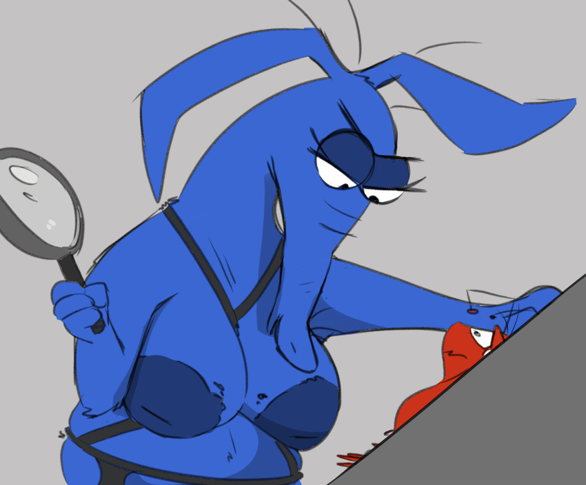 2023 aardvark ant anthro arthropod bdsm_outfit blue_body bondage breasts dominatrix duo female garter_belt garter_straps genitals half-closed_eyes hi_res honeymono hymenopteran insects inverted_nipples looking_at_another looking_at_partner magnifying_glass male mammal narrowed_eyes nipples penis red_body the_ant_and_the_aardvark