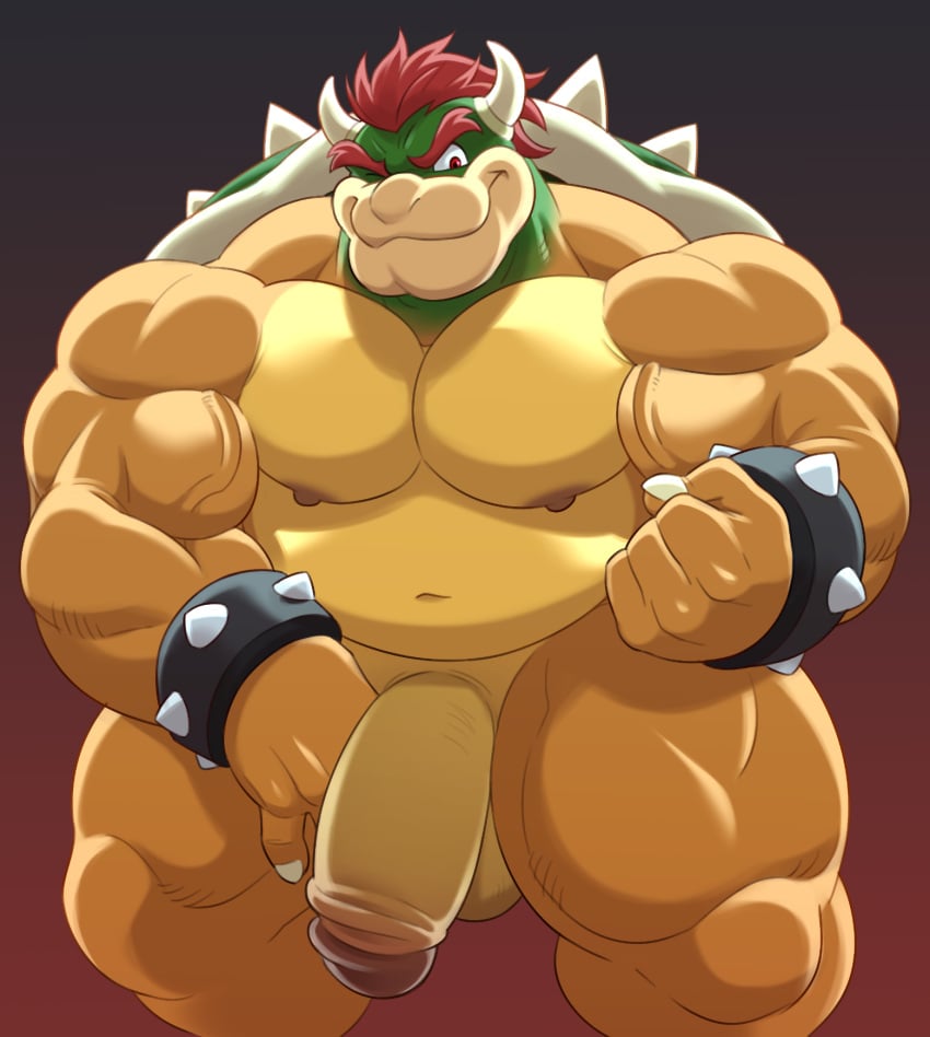 2_horns accessories_only accessory analon_(artist) anthro ara_chibi balls belly biceps big_biceps big_muscles big_penis bowser bracelet bracelet_only claws eyebrows fist flaccid flexing flexing_bicep foreskin genitals hair hand_on_leg hand_on_thigh hi_res horn humanoid_genitalia humanoid_penis jewelry koopa looking_at_viewer male male_only mario_(series) musclegut muscular muscular_anthro muscular_male navel nintendo nipples one_eye_closed pecs penis red_eyes red_hair retracted_foreskin scalie shell simple_background smile solo spiked_bracelet spiked_shell spikes spikes_(anatomy) standing toomanyboners wink yellow_body