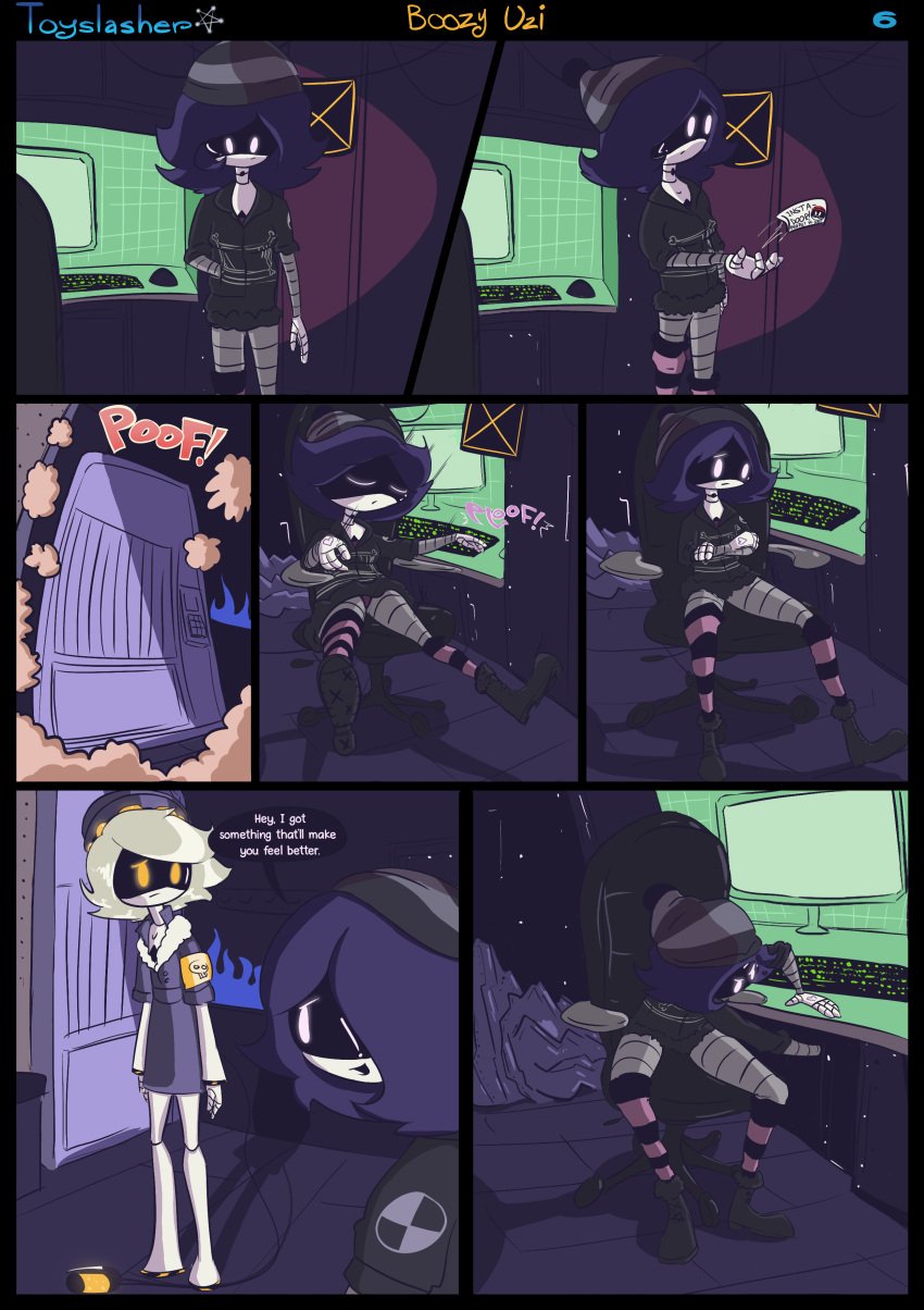 boozy_uzi comic comic_page english_text glitch_productions murder_drones n_(murder_drones) newgrounds page_6 panels robot robot_boy robot_girl toyslasher twitter uzi_(murder_drones)