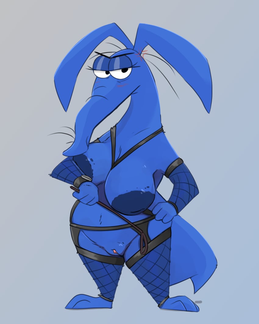 2023 aardvark anthro blue_body blush blush_lines breasts cross-popping_vein dominatrix female garter_belt garter_belt_leggings garter_straps genitals hi_res honeymono inverted_nipples looking_at_viewer mammal nipples pussy rule_63 solo the_ant_and_the_aardvark