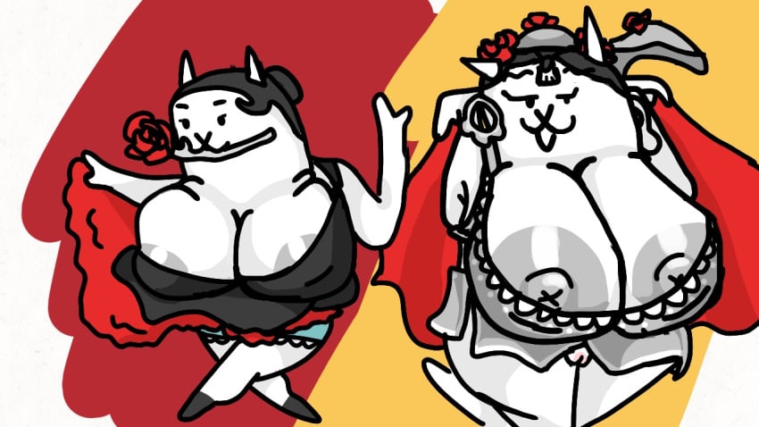 .dotase 2girls bellydancer_cat big_areola big_ass big_breasts flamenco_cat flipaclip huge_areolae huge_breasts huge_nipples multiple_girls nice_ass ponos short_hair shortstack simple_background the_battle_cats thick_thighs white_fur white_skin