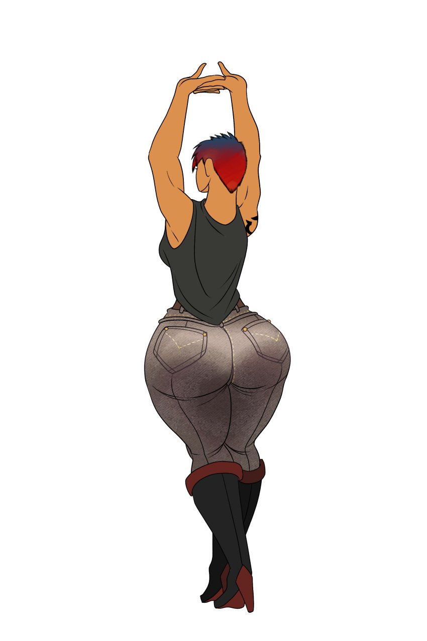 arms_above_head arms_up ass big_ass blue_hair boots curvaceous curvy curvy_body curvy_female curvy_figure danivere_(dual_dragons) dual_dragon fat_ass female from_behind huge_ass jeans large_ass no_background oc original_character shirt short_hair tattoo thick_ass thick_legs thick_thighs tight_clothing tight_pants two_tone_hair walking