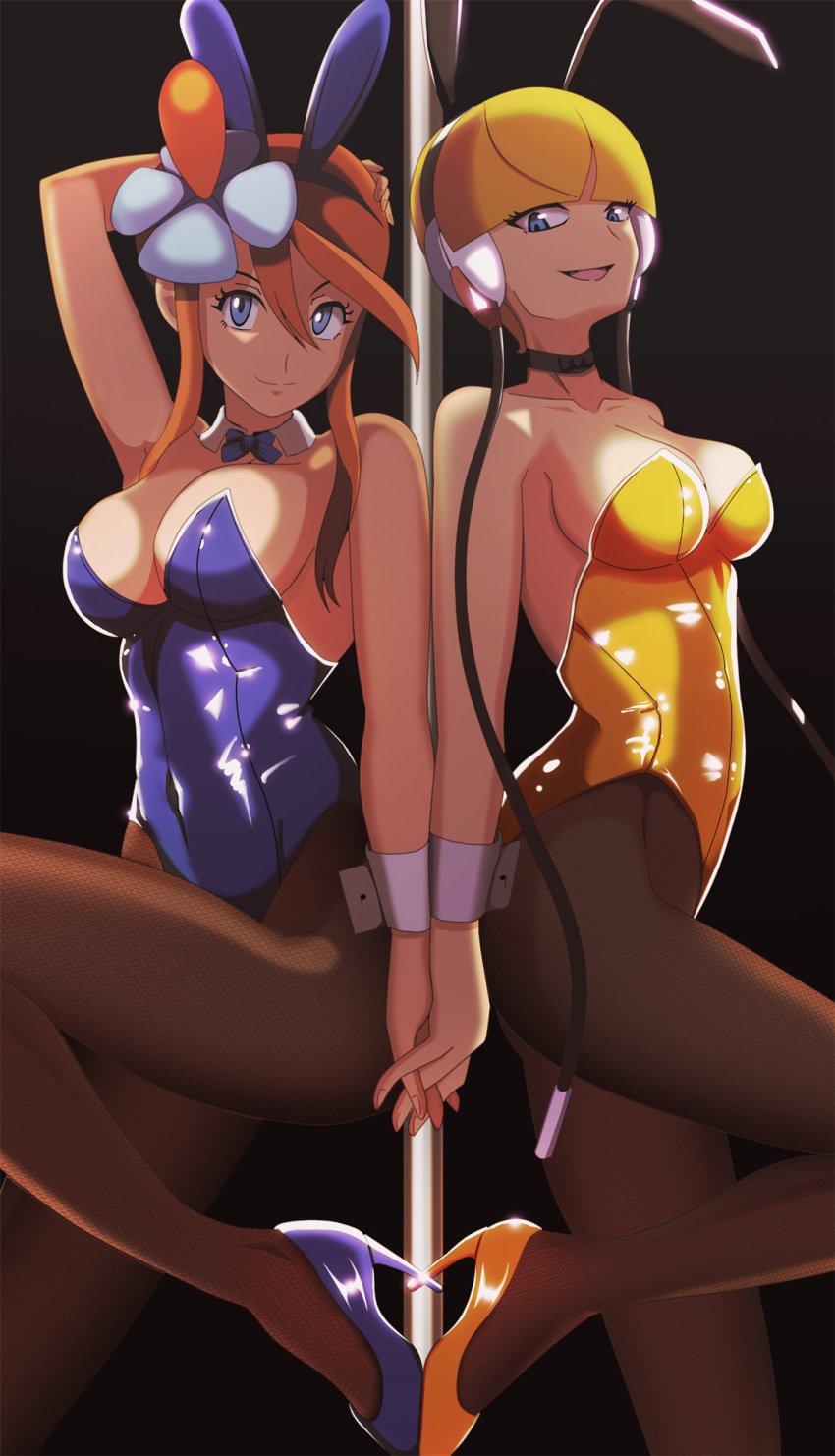 2girls big_breasts bunny_ears bunny_girl bunnysuit detached_collar detached_wings elesa_(pokemon) female female_only handholding high_heels huuro_(pokemon) interlocked_fingers multiple_girls pokemon pokemon_bw skyla_(pokemon) stripper_pole vivivoovoo