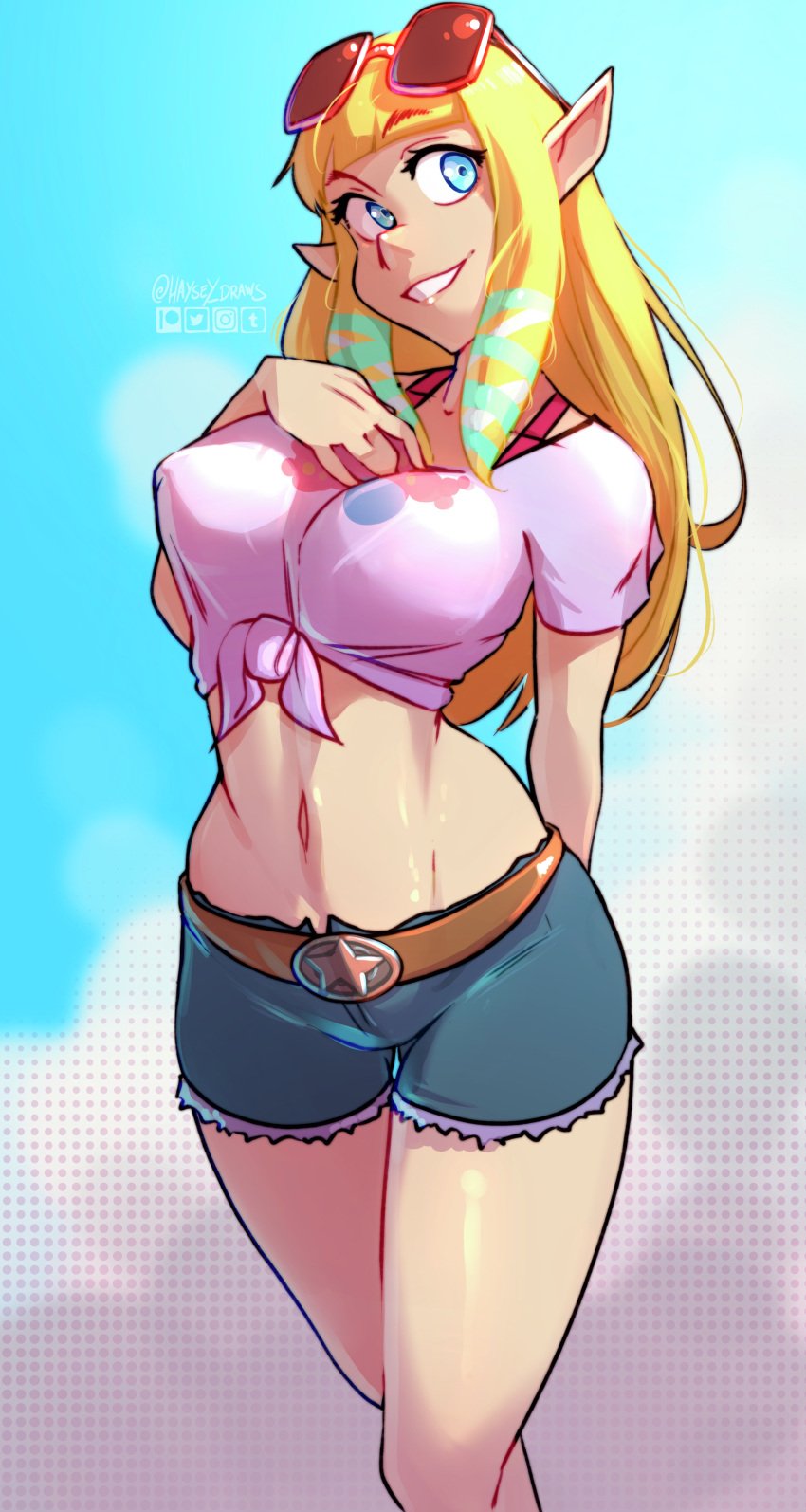 1girls ann_takamaki_(cosplay) atlus belt big_breasts blonde_hair blue_eyes blue_shorts bottomwear breasts cosplay female female_only hair haysey_draws headwear long_hair persona persona_5 pointy_ears princess_zelda shirt shorts skyward_sword solo solo_female sunglasses sunglasses_on_head the_legend_of_zelda thighs topwear white_shirt zelda_(skyward_sword)