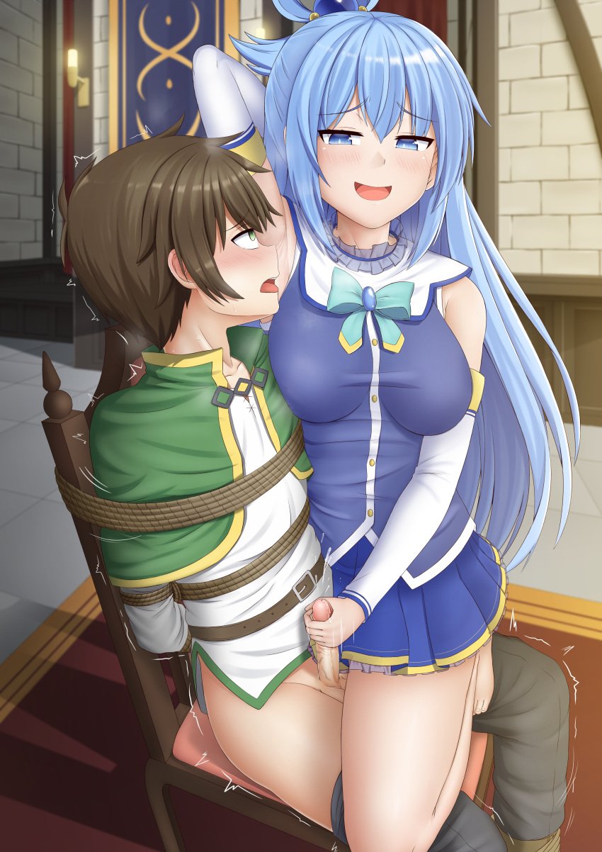 1boy 1girl 1girls aqua_(konosuba) armpits belt blue_eyes blue_hair blush bondage brown_hair clothed_female ejaculation eyes_rolling_back femdom forced forced_ejaculation forced_orgasm girl_on_top green_eyes handjob kono_subarashii_sekai_ni_shukufuku_wo! malesub nonconsensual rape reverse_rape satou_kazuma sitting_on_lap smell smug_face spiritsprite tied_to_chair tied_up trembling