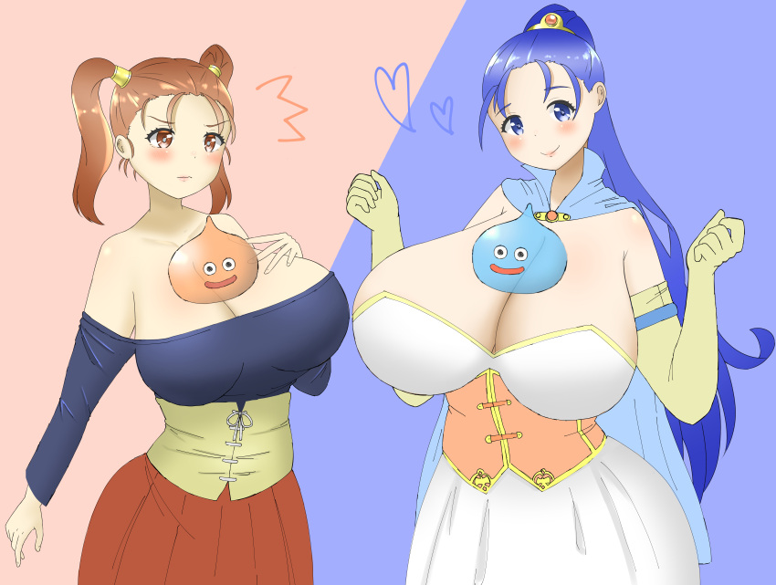 2girls big_breasts blue_eyes blue_hair blush breasts breasts_bigger_than_head brown_eyes brown_hair clothed clothing doors_drop dragon_quest dragon_quest_viii dragon_quest_xi dress female female_only gigantic_breasts huge_breasts jessica_albert large_breasts ponytail serenica she-slime slime slime_(dragon_quest) two_tone_background