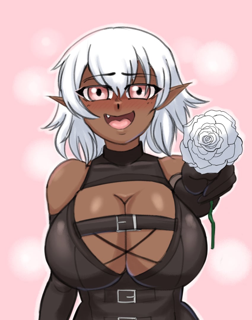 belko big_breasts dark-skinned_female dark_elf dark_skin de-chan de-chan_(lolicept) doocen elf elf_ears holding_object huge_breasts leather leather_clothing lolicept pink_eyes white_hair