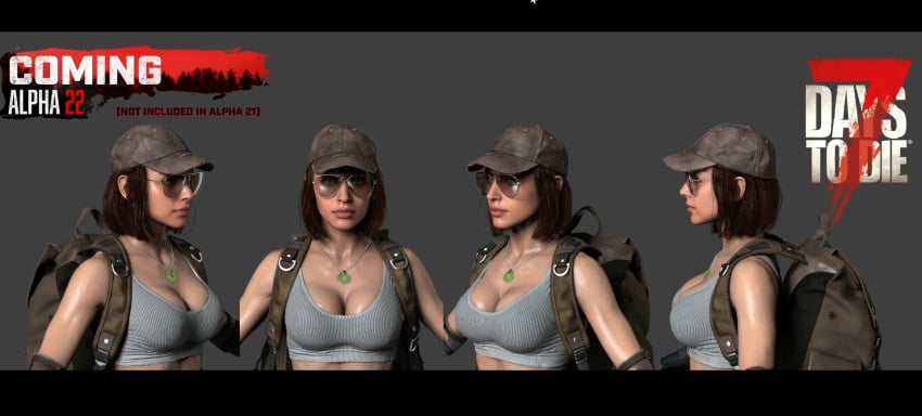 3d 3d_render 7_days_to_die aviator_sunglasses backpack big_breasts blue_eyes brown-tinted_eyewear brown_hair brown_hair_female busty cleavage female female_only front_view high_resolution necklace side_view sunglasses tactical_gear thick_lips tinted_eyewear