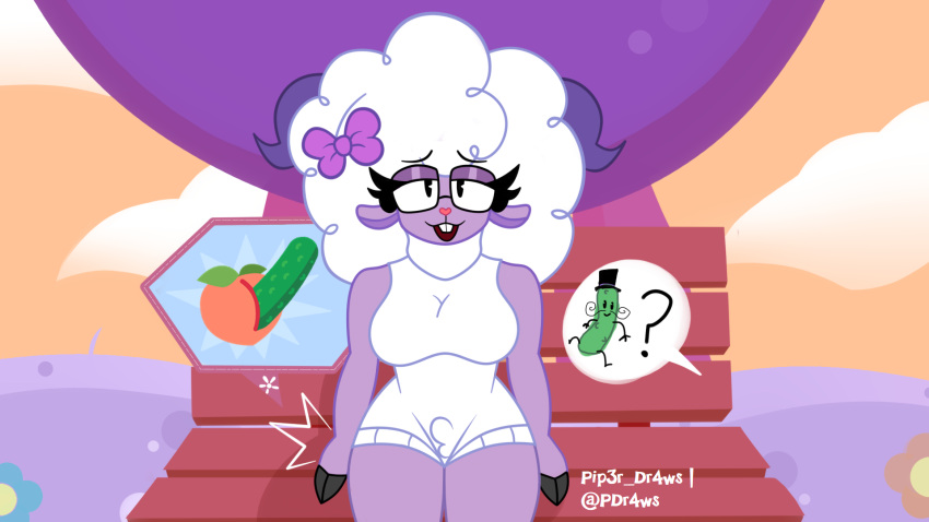 16:9 2023 anal anal_masturbation anthro aroused bench big_breasts bovid caprine clothed clothing cosplay cucumber digital_drawing_(artwork) digital_media_(artwork) emoji eyewear female food food_play fur glasses happy_tree_friends hi_res horn lammy_(htf) mammal masturbation pip3r_dr4ws plant purple_body sheep solo susan_sheep_(tarfrost) tartfrost vegetable widescreen wool_(fur)