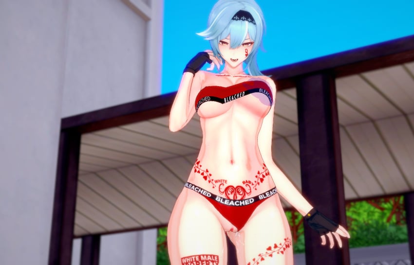 3d 3d_model bleached bleached_clothing blue_hair eula_(genshin_impact) exposed_pussy exposed_torso fingerless_gloves genshin_impact gloves hand_on_breast heart_tattoo koikatsu panties presenting_pussy pubic_tattoo queen_of_hearts red_clothing shaved_pussy slim slim_female slim_figure slutty_outfit tattoo tattoo_on_belly tattoo_on_legs tattoos tubetop underboob