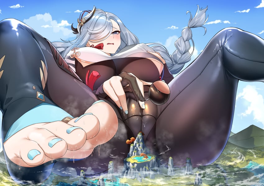 1boy aether_(genshin_impact) color feet female genshin_impact giantess grabbing_own_breast high_resolution highres huge_breasts masturbation shenhe_(genshin_impact) size_fetish tempuru wet_feet wet_pussy