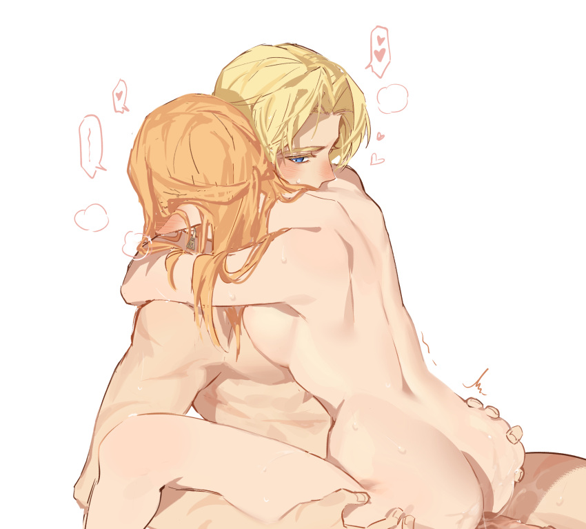 1boy 1girls ass ass_grab bare_back blonde_hair blue_eyes blush breast_press breasts completely_nude cowgirl_position duoj_ji hand_on_ass heavy_breathing hug hugging implied_sex link link_(ocarina_of_time) medium_breasts nintendo nude ocarina_of_time pointy_ears princess_zelda pussy_juice romantic sex sideboob spoken_heart straight sweat the_legend_of_zelda wholesome wholesome_sex zelda_(ocarina_of_time)