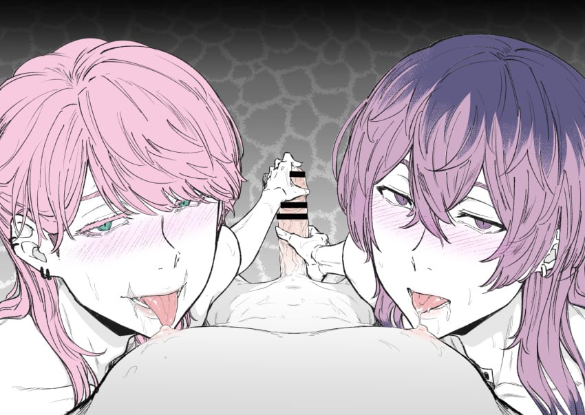 3boys double_handjob femboy gay handjob licking_nipples male male_only pink_hair purple_hair rindou_haitani sanzu_haruchiyo tagme tokyo_revengers twink wolfey_b yaoi