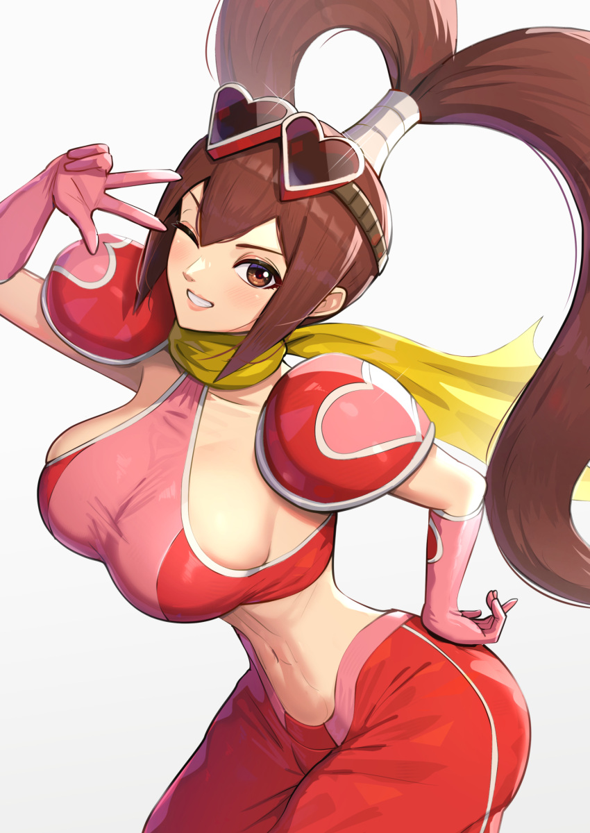 1girls big_breasts breasts brown_eyes brown_hair busty f-zero f-zero_gx female female_only goggles goggles_on_head hand_on_own_hip heart large_breasts legs light-skinned_female light_skin long_hair looking_at_viewer midriff navel nintendo one_eye_closed pose posing princia_ramode sideboob smile solo thighs twintails v wink