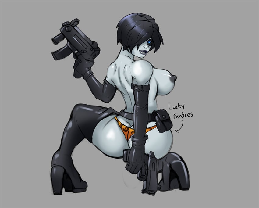 1girls ass big_ass big_breasts black_hair blue_eyes breasts domino_(marvel) female grey_skin guns high_heels leopard_print markydaysaid marvel marvel_comics neena_thurman nipples panties short_hair thighhigh_boots x-force x-men