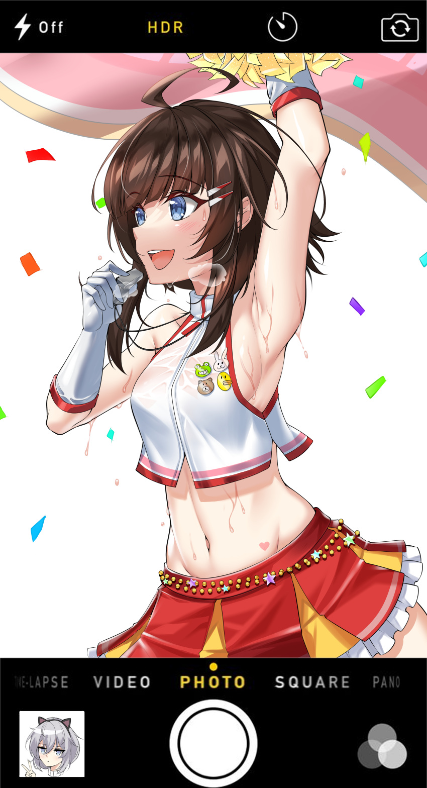 :d absurdres ahoge arm_up armpits bare_arms bare_shoulders black_hair blue_eyes camera_phone cheerleader counter:side crop_top crop_top_overhang elze_(s01047480836) fake_phone_screenshot female frilled_skirt frills gloves hair_ornament hairclip han_sorim heavy_breathing highres holding holding_pom_poms looking_away midriff miniskirt navel open_mouth pom_pom_(cheerleading) pom_poms red_skirt shirt short_hair_with_long_locks skirt sleeveless sleeveless_shirt smile solo stomach sweat whistle white_gloves white_shirt yang_harim