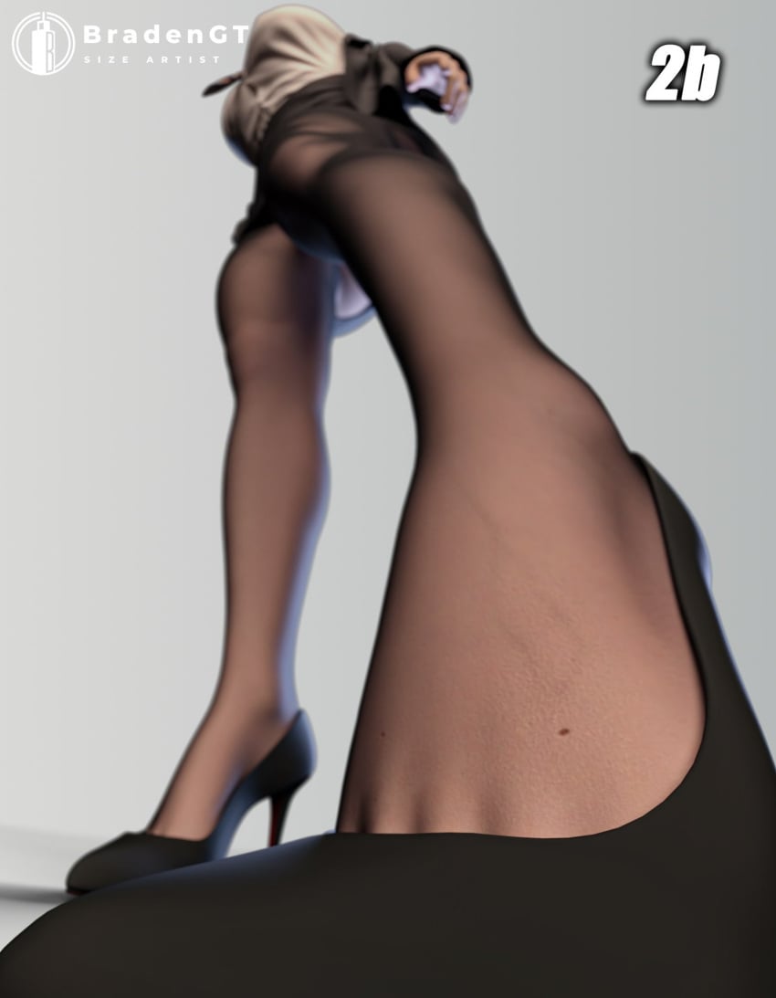 3d big_breasts bradengts breasts clothed_female heels legs legwear long_legs low-angle_view nier:_automata office_lady office_uniform pantyhose pencil_skirt skirt stockings thighs white_hair yorha_2b