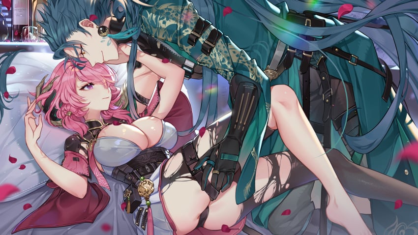 belt breasts chinese_clothes chinese_text clothes dragon_claw earrings green_hair hand_on_another's_thigh highres jewelry jiyan_(wuthering_waves) medium_breasts multiple_belts orange_sekaii petals pink_eyes pink_hair rose_petals seductive_smile smile taoqi_(wuthering_waves) tassel tassel_earrings thigh_belt thigh_strap torn_clothes wuthering_waves