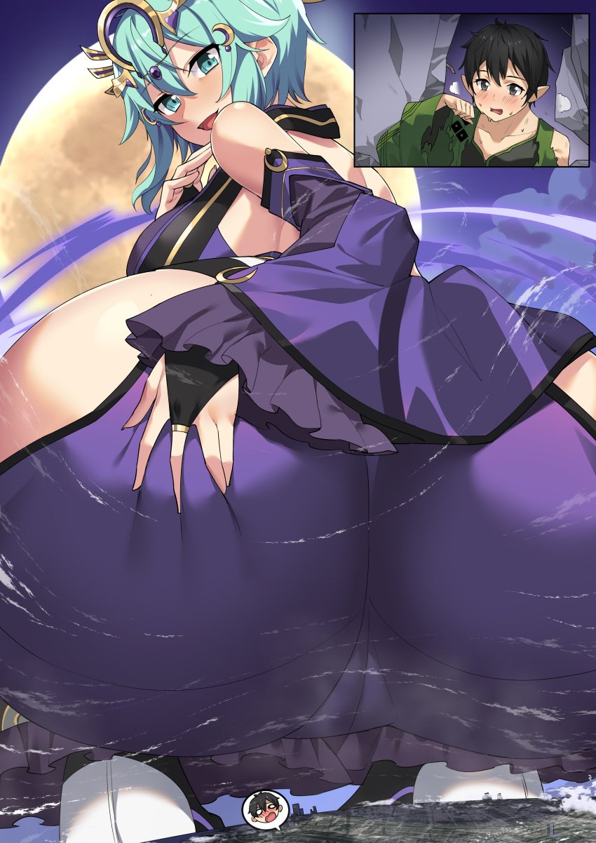 1boy asada_shino big_breasts female giantess gigantification grabbing_own_ass green_eyes green_hair huge_ass purple_dress sinon size_fetish sword_art_online tempuru