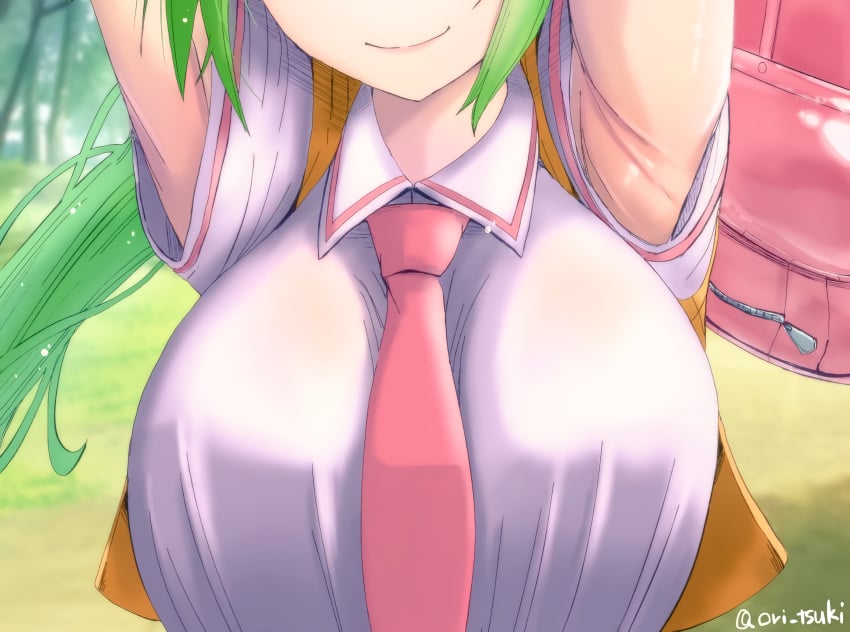 07th_expansion 1girls armpits arms_behind_head big_breasts breasts busty green_hair head_out_of_frame highres higurashi_no_naku_koro_ni large_breasts long_hair mion_sonozaki necktie ori_tsuki ponytail pose posing school_uniform sensual smile solo