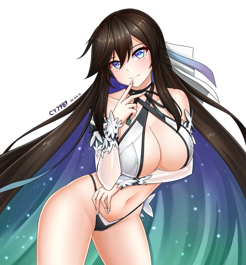 absurdres adapted_costume arm_under_breasts artist_name bikini blue_eyes breasts brown_hair counter:side cy7989 dated female highres long_hair looking_at_viewer nail_polish navel shin_jia solo swimsuit white_background white_nails