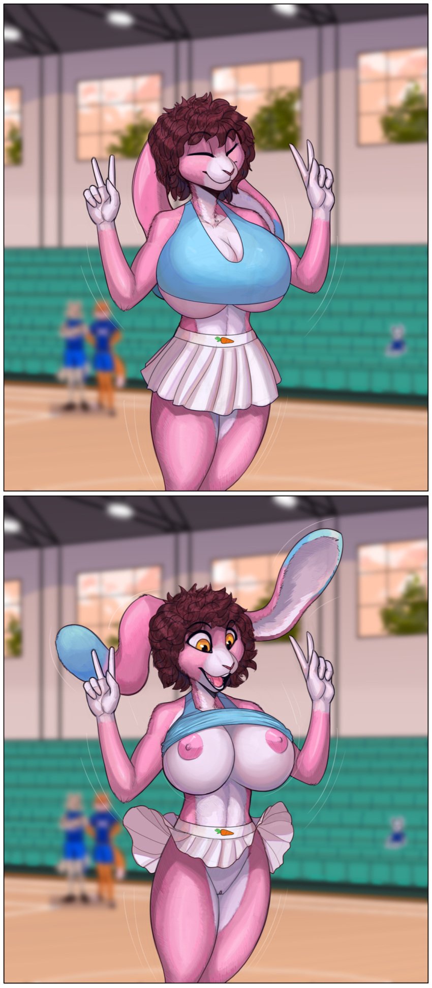 absurd_res accidental_exposure anthro background_character big_breasts blurred_background bottomwear breasts brown_hair carrot cheering cheerleading_pose clothed clothing clothing_lift crop_top curled_hair detailed_background exhibitionism exposed_breasts falling female floppy_ears food gesture hair hi_res jumping lagomorph leporid mammal mortarionlordofdeath no_panties no_panties_under_skirt no_underwear pink_body plant public public_nudity rabbit raised_bottomwear raised_clothing raised_skirt remmybunny shirt skimpy skirt skirt_lift solo surprise surprised_expression topwear under_boob v_sign vegetable wardrobe_malfunction white_bottomwear white_clothing white_skirt