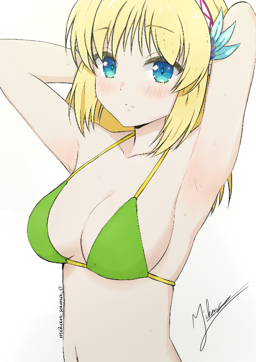 1girls armpit_focus armpits arms_behind_head artist_name big_breasts bikini blonde_hair breasts busty cayna cleavage elf female female_only green_bikini highres in_the_land_of_leadale large_breasts looking_at_viewer navel pointy_ears pose posing sensual sexy_armpits signature simple_background solo swimsuit white_background