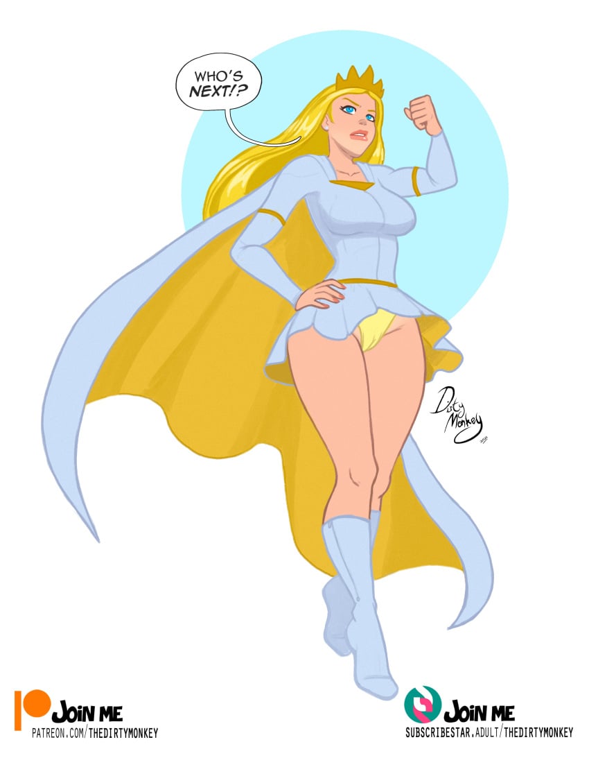 blonde_hair blue_eyes boots cape confident english_text female fully_clothed glory_girl long_hair panties pantyshot parahumans skirt_lift superhero superheroine text text_bubble thedirtymonkey tiara upskirt victoria_dallon worm_(web_series)