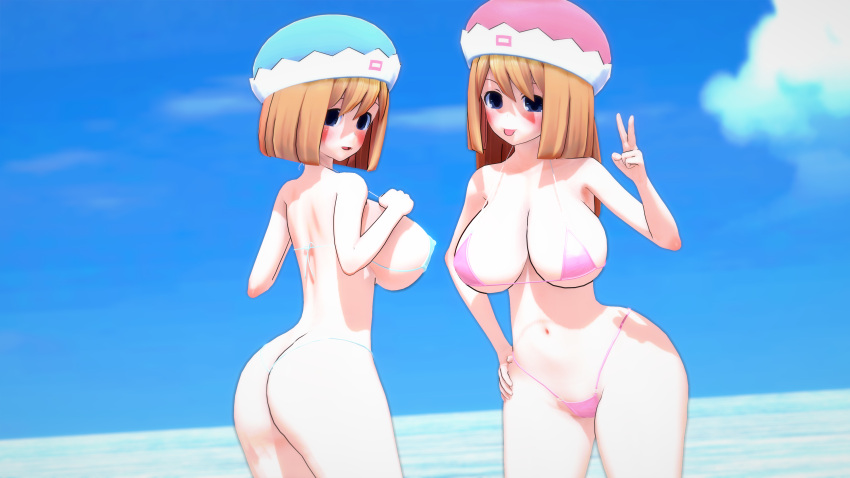 2girls 3d alternate_body_type alternate_breast_size ass beach big_ass big_breasts bikini blue_eyes brown_hair busty female female_only grin hand_on_hip large_breasts legs long_hair multiple_girls neptunia_(series) ocean pose posing ram_(neptunia) rom_(neptunia) sideboob sisters smile thick_thighs thighs thong_bikini tongue tongue_out v voluptuous water