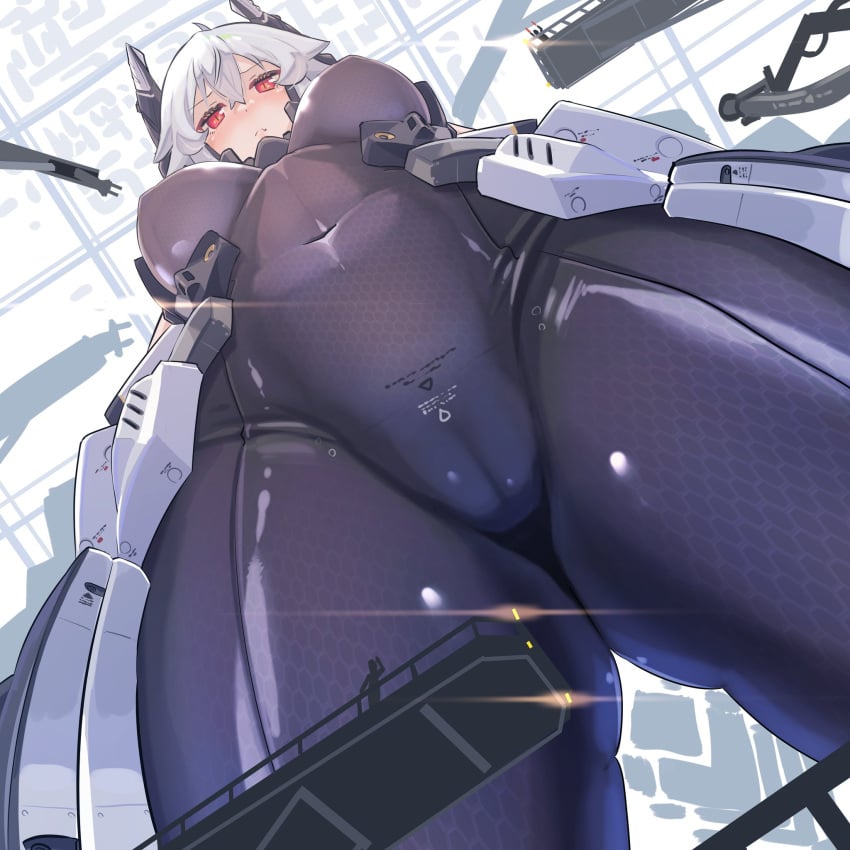 bodysuit cameltoe from_below giantess large_breasts looking_down maintenance mecha_musume original original_character red_eyes tight_bodysuit tiny_person white_hair