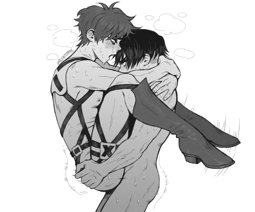 anal anal_sex attack_on_titan black_and_white carrying_position eren_jaeger gay harness levi_ackerman ren_valentine steam sweat tears yaoi