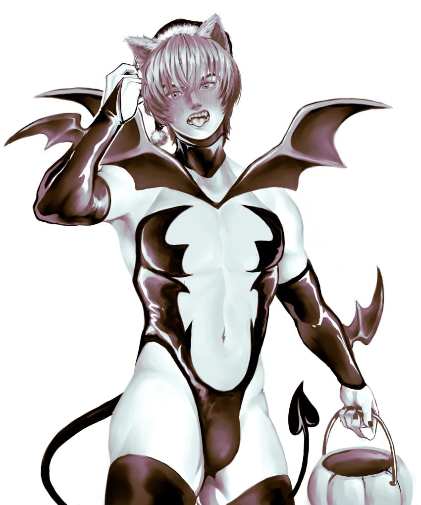 belly_button bulge character_request crossdressing demon demon_boy demon_horns demon_humanoid demon_tail demon_wings elbow_gloves half-dressed halloween halloween_costume male_only navel nekou scantily_clad succubus tagme