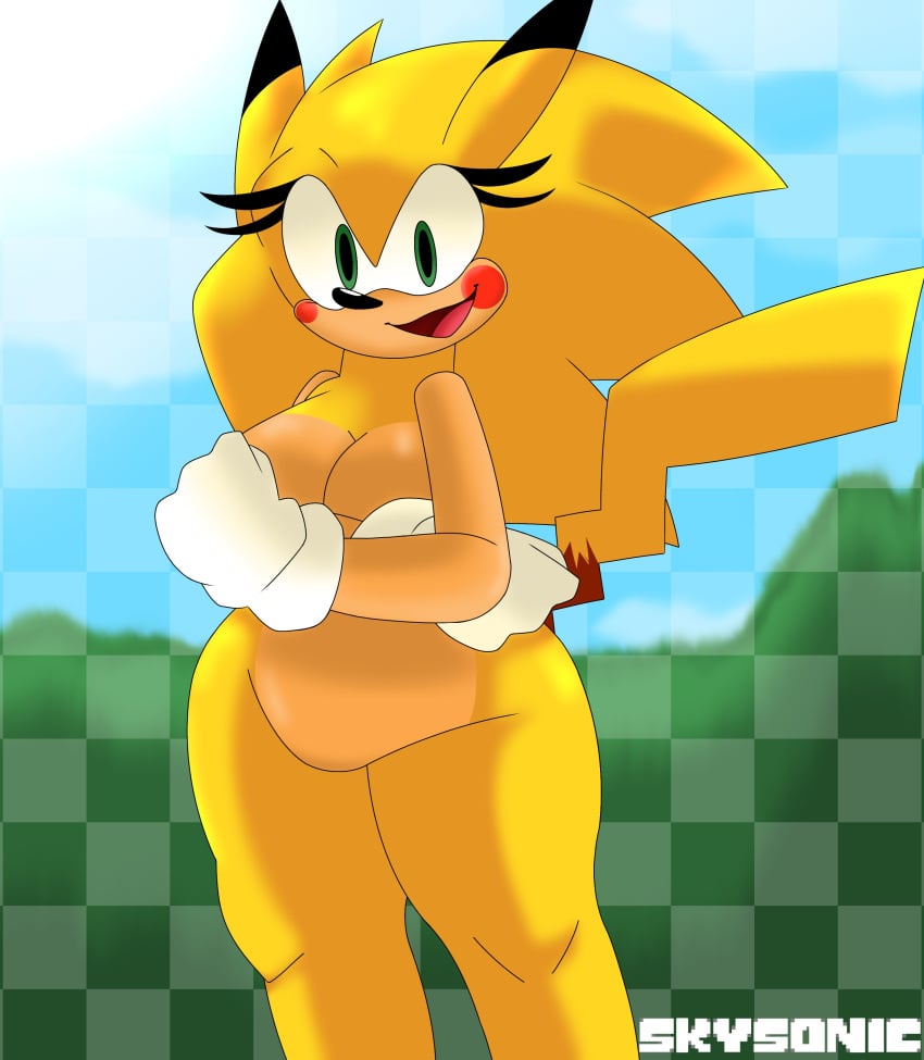 ? anthro blurred_background blurry_background green_eyes long_tail meme pointed_ears pokemon red_cheeks rule_63 skysonic skysonic_(artist) sonic_(series) sonic_the_hedgehog_(series) sonichu sonichu_(character) tail what why yellow_body yellow_fur yellow_hair