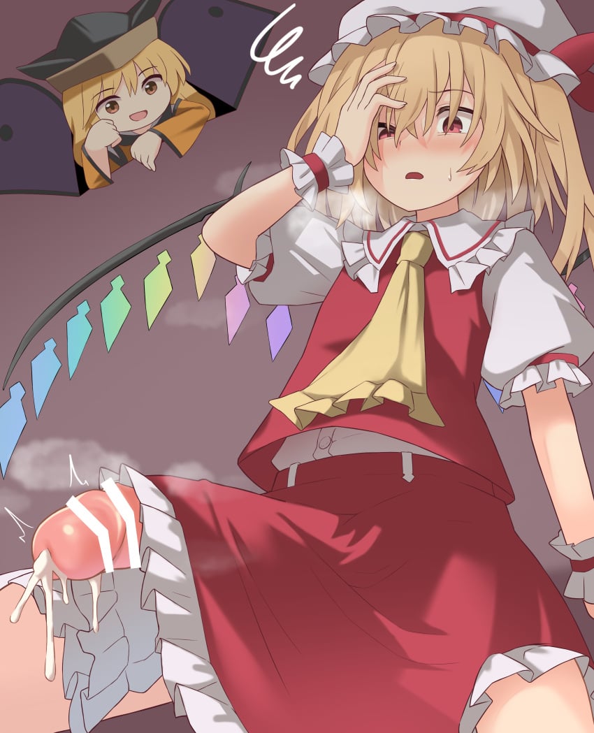 1futa 1girls big_penis blonde_hair blush bottomless bottomless_skirt breasts censor_bar censored clothed clothing dialogue erection female flandre_scarlet futanari horny huge_cock humanoid humanoid_penis large_penis light-skinned_futanari light_skin long_hair low-angle_view miniskirt mostly_clothed no_text_version okina_matara penis penis_out red_eyes shiratsuki_shiori sitting skirt touhou translation_request vampire wings yellow_eyes