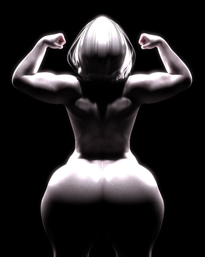 1girls 3d arms_up ass back back_view bare_shoulders big_ass black_and_white black_background curvy faceless_female female female_focus female_only flexing highres hips huge_ass humanoid large_ass medium_hair muscular muscular_female nude original original_character pinup pose rivaliant shortstack simple_background solo solo_female spotlight thick_thighs thighs white_hair white_silk white_skin wide_hips