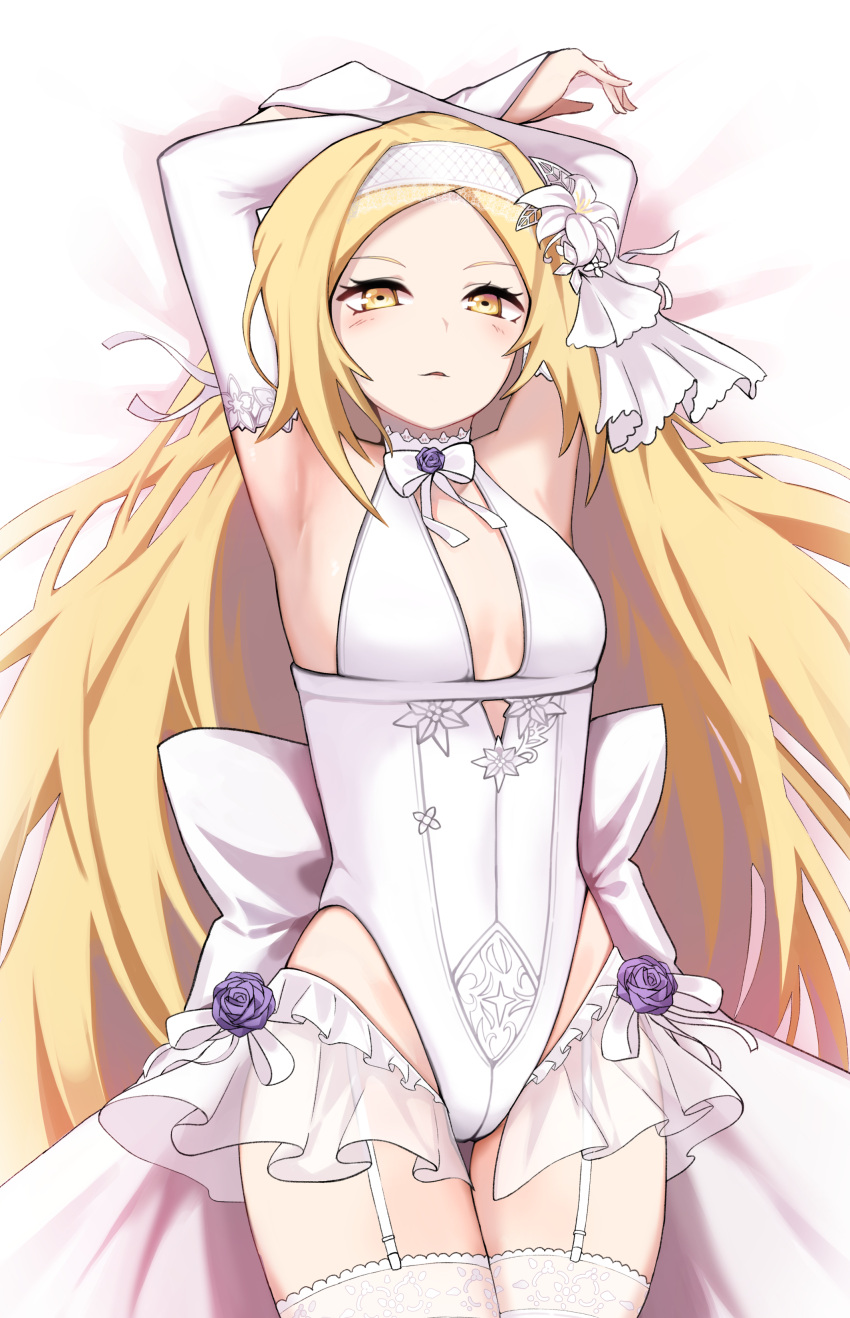 absurdres alternate_costume armpits arms_up blonde_hair breasts bridal_garter bridal_gauntlets bridal_veil bride cleavage counter:side dress female flower hair_flower hair_ornament highleg highres laura_beatrix leotard long_hair looking_at_viewer lying official_alternate_costume small_breasts solo veil wedding_dress white_leotard yellow_eyes zanlyu