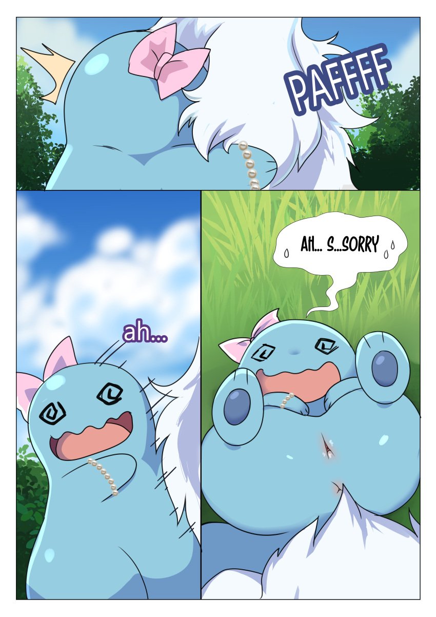 absol absurd_res anus bow_ribbon bracelet comic duo female feral fluffy fur generation_2_pokemon generation_3_pokemon genitals grass hi_res jewelry loreking male male/female nintendo nuoh paws plant pokemon pokemon_(species) pussy quagsire