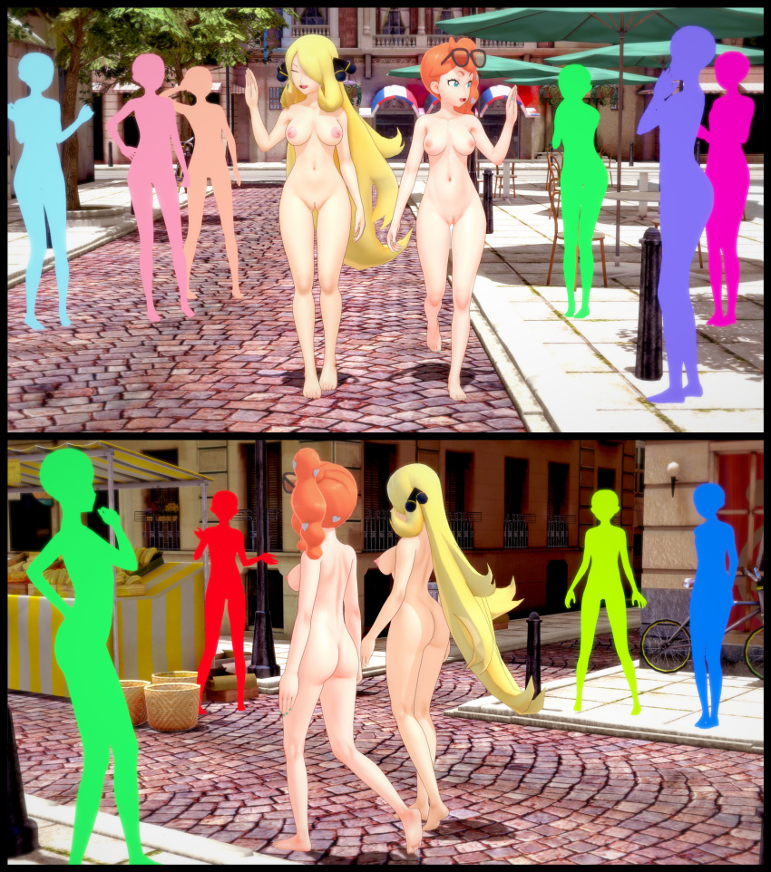 3d ass barefoot blonde_hair breasts casual clothed_male_nude_female completely_nude completely_nude_female cynthia_(pokemon) exhibitionism female glasses glasses_on_head human long_hair navel nintendo nipples nude nude_female nudist orange_hair pale_skin pokemon pokemon_ss public pussy retropunch side_ponytail sonia_(pokemon) walking