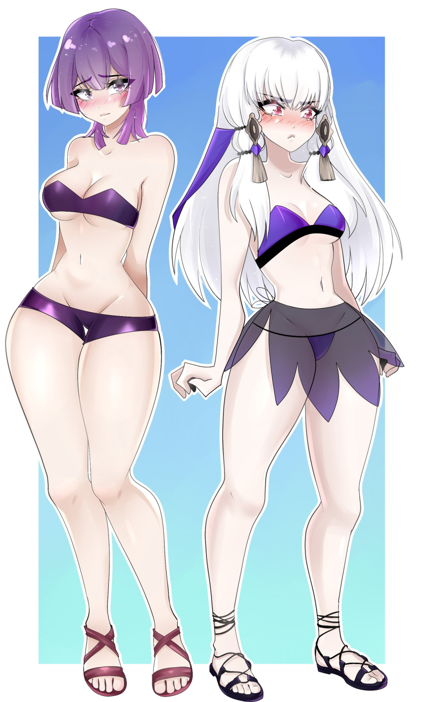 2girls absurdres alternate_costume armpit_crease bernadetta_von_varley bikini bikini_skirt blue_background blush breasts cleavage commentary cross-laced_sandals earrings female female_only fire_emblem fire_emblem:_three_houses gradient_background hair_between_eyes highres human jewelry kyhsoren long_hair lysithea_von_ordelia medium_bangs medium_breasts micro_shorts multiple_girls navel nintendo official_alternate_hairstyle post-timeskip purple_bikini purple_eyes purple_hair purple_swimsuit red_eyes sandals see-through short_hair shorts simple_background small_breasts swimsuit thong underboob white_hair