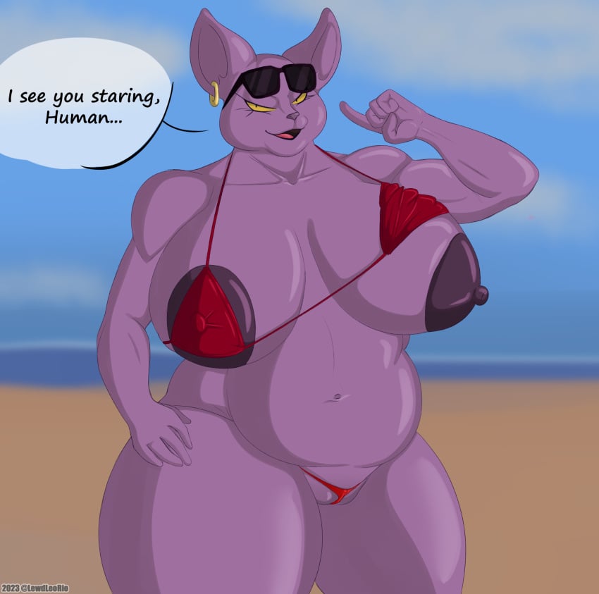 anthro areola beach belly big_areola big_belly big_breasts big_nipples bikini breasts champa chubby_female clothed clothing digital_media_(artwork) domestic_cat dragon_ball dragon_ball_super ear_piercing ear_ring eyelashes eyewear eyewear_on_head felid feline felis female genitals hairless hairless_cat hi_res huge_breasts ineffective_swimwear klr-rio looking_at_viewer mammal navel nipples outside overweight piercing purple_body pussy raised_bikini raised_clothing raised_swimwear ring_piercing rule_63 sand sea seaside simple_background sky smile solo speech_bubble sphynx_(cat) sunglasses sunglasses_on_head swimwear text thick_thighs water