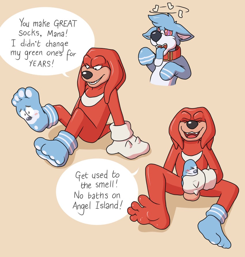 anthro balls barefoot blueballs_(artist) clothing clothing_transformation dialogue duo footwear furry furry_only genitals hi_res knuckles_the_echidna male male/male masturbation original_character penis sega smell smelly_cock sock_on_penis sock_transformation sockjob socks socks_only sonic_(series) sonic_the_hedgehog_(series) speech_bubble tagme transformation transformed