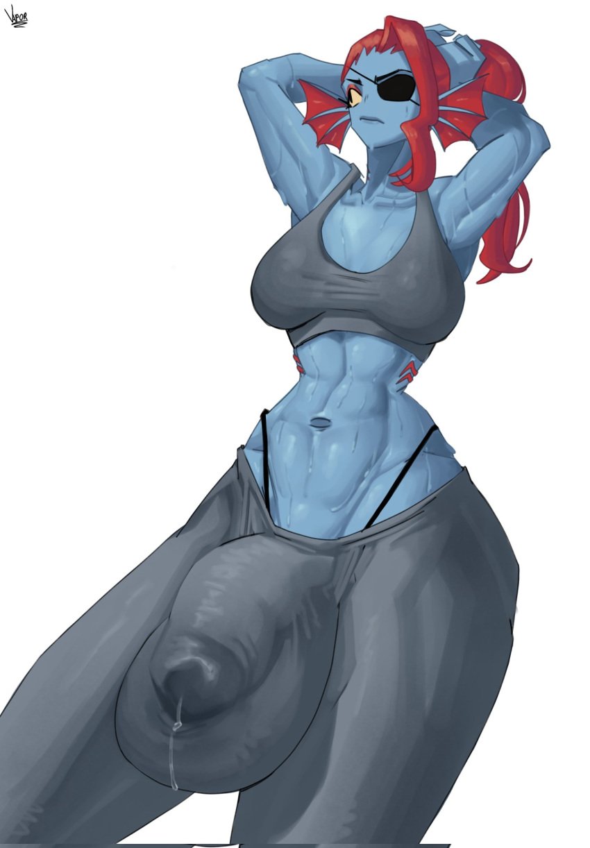 1futa 2d 2d_(artwork) 2d_artwork abs anthro balls big_ass big_balls big_butt big_dick_energy big_penis blue_body bulge clothed clothing color fat_cock flaccid flaccid_cock flaccid_penis fully_clothed futa_only futanari gym_clothes heavy_balls heavy_testicles huge_balls huge_bulge huge_cock large_balls large_bulge large_testicles massive_penis muscular muscular_futanari one_eye penis precum precum_drip precum_through_clothing red_hair solo solo_futa string_panties sweat sweat_pants sweatdrop sweating sweaty_body undertale undertale_(series) undertale_futanari undyne vaporr