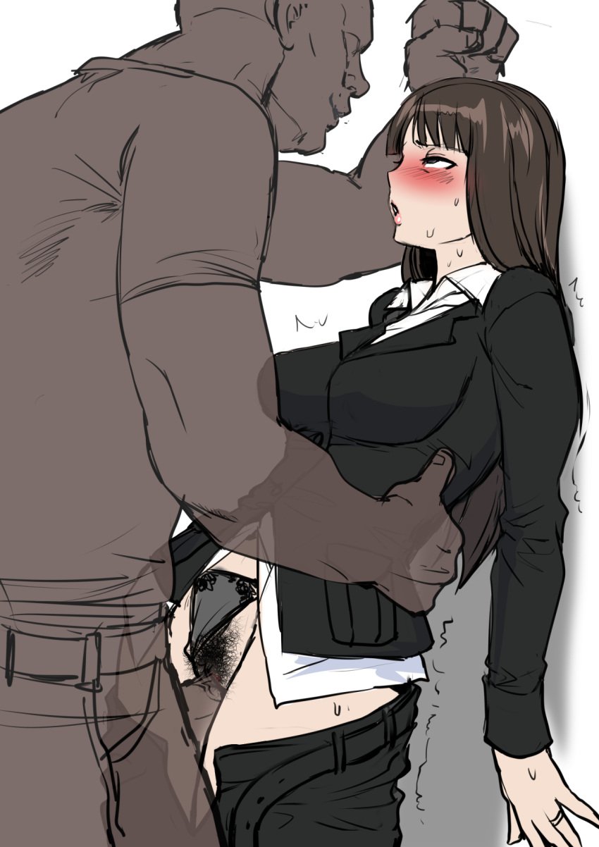 1boy blunt_bangs blush breasts brown_eyes brown_hair clothed_sex clothes_pull clothing_aside dark-skinned_male dark_skin eye_contact female formal frontal_standing_penetration girls_und_panzer half-closed_eyes jacket kisuu lingerie lips long_hair looking_at_another mature_female medium_breasts nishizumi_shiho open_clothes open_jacket open_mouth open_shirt panties panties_aside pants pants_pull penis pubic_hair sex shirt standing standing_sex straight suit sweat underwear vaginal_penetration