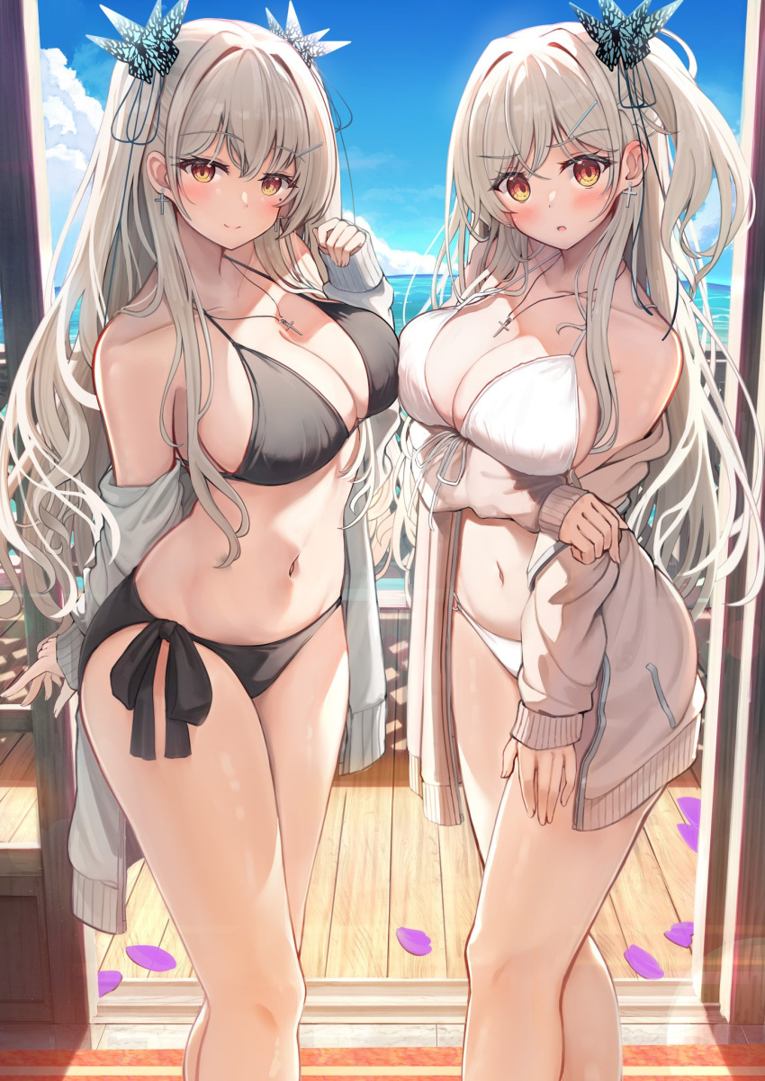 2girls amber_eyes arm_under_breasts balcony beauty_mark bikini blush_stickers butterfly_hair_ornament embarrassed female female_only flower_petals grey_hair hiragi_ringo huge_breasts jacket jacket_off_shoulders jacket_partially_removed one_side_up raised_eyebrows seaside seductive_smile smile twintails very_long_hair