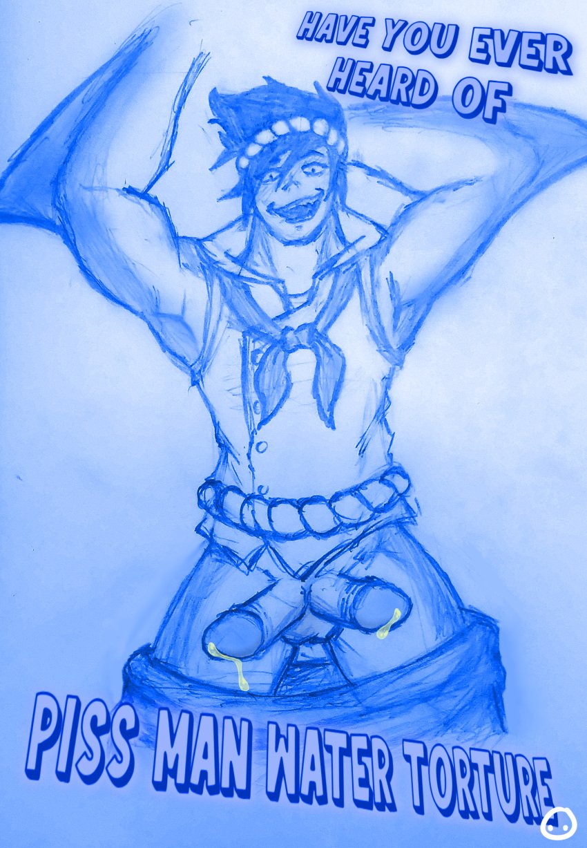 arms_up balls bradley_(one_piece_dnd_marines) diphallia diphallism dnd fishman male male_only merfolk multi_penis muscular one_piece_dnd one_piece_dnd_marines peeing penis plzloveme sketch text urine