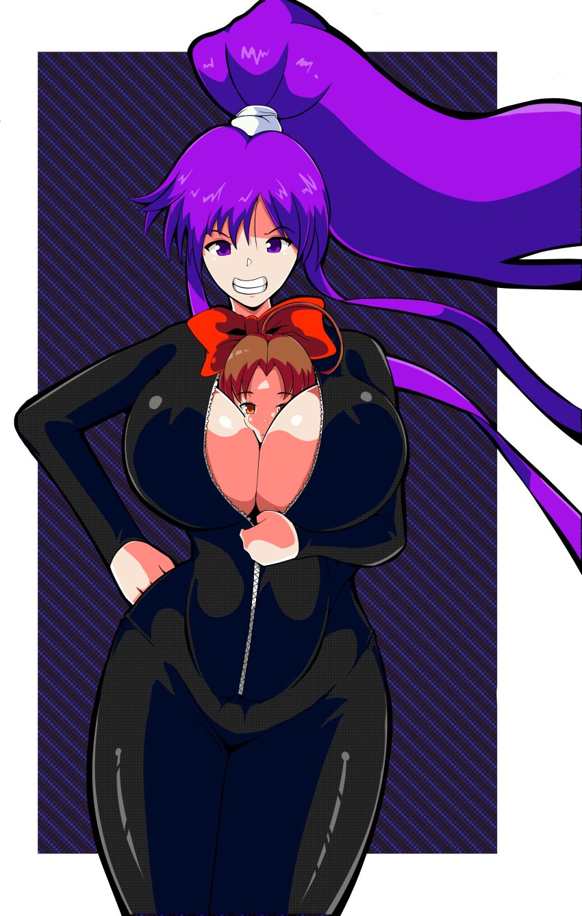 between_breasts big_breasts breast_smother brown_hair cleavage clothing_entrapment eiken inside_clothing kirika_misono latex latex_suit long_hair person_between_breasts ponytail purple_hair red_bow shiftingfun smile third-party_edit watermark_removed