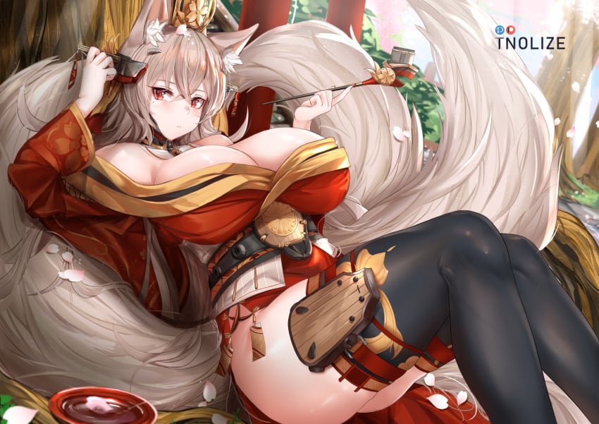 1girls animal_ear_fluff animal_ears azur_lane blush borrowed_character breasts cleavage crossed_bangs cup female fox_ears fox_girl grey_hair head_accessory headgear huge_breasts japanese_clothes kimono long_sleeves loose_kimono multiple_tails no_bra no_panties obi off-shoulder_kimono off_shoulder outdoors red_eyes red_kimono sakazuki sash smoking_pipe solo solo_female tail thick_thighs thighhighs thighs tnolize wide_sleeves yamato_(dishwasher1910)